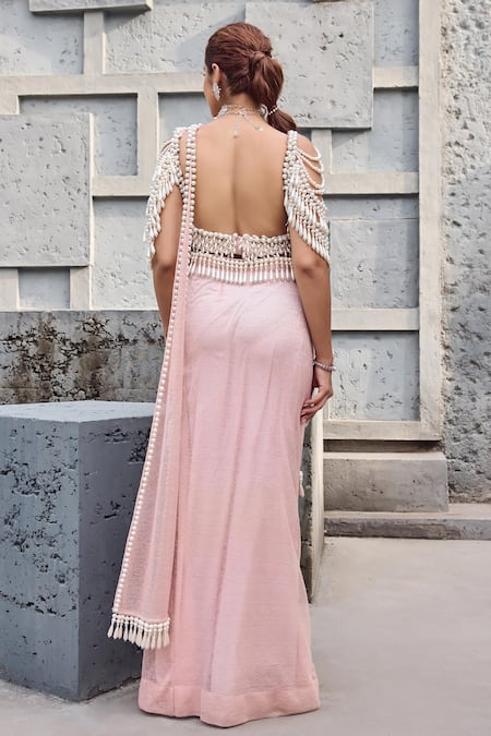 Mehul Gupta Baby Pink Hand Embroidered Pre-Draped Saree Set 