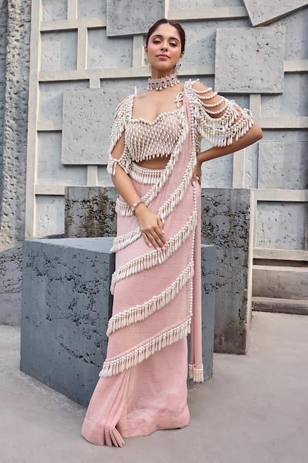 Shop_Mehul Gupta_Pink Net Fringe, Embroidery Round Neck Baby Hand Pre-draped Saree Set _Online_at_Aza_Fashions