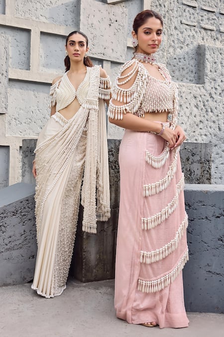 Mehul Gupta_Pink Net Fringe, Embroidery Round Neck Baby Hand Pre-draped Saree Set _at_Aza_Fashions