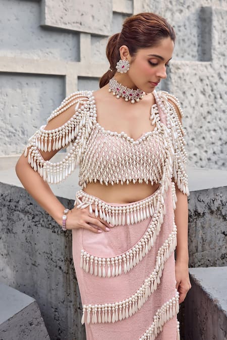 Buy_Mehul Gupta_Pink Net Fringe, Embroidery Round Neck Baby Hand Pre-draped Saree Set 