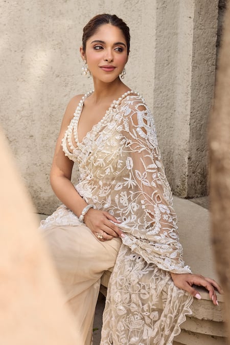 Mehul Gupta_Ivory Organza, Georgette Pearls, Embroidery Scoop Hand Pre-draped Saree Set _Online_at_Aza_Fashions