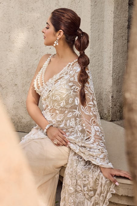 Buy_Mehul Gupta_Ivory Organza, Georgette Pearls, Embroidery Scoop Hand Pre-draped Saree Set _Online_at_Aza_Fashions