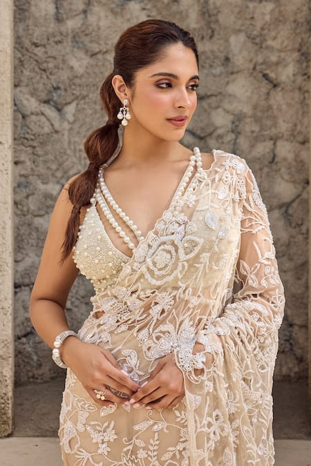 Shop_Mehul Gupta_Ivory Organza, Georgette Pearls, Embroidery Scoop Hand Pre-draped Saree Set _Online_at_Aza_Fashions