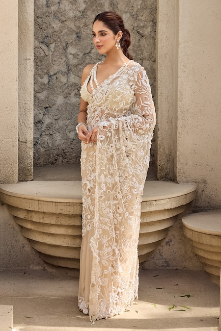 Mehul Gupta_Ivory Organza, Georgette Pearls, Embroidery Scoop Hand Pre-draped Saree Set _at_Aza_Fashions