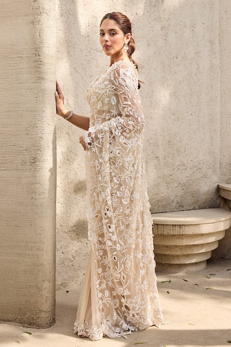 Mehul Gupta Ivory Hand Embroidered Pre-Draped Saree Set 