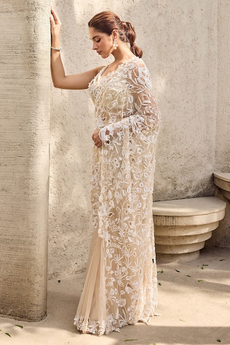 Buy_Mehul Gupta_Ivory Organza, Georgette Pearls, Embroidery Scoop Hand Pre-draped Saree Set 