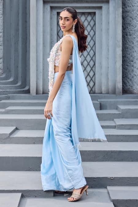 Mehul Gupta Sky Blue Hand Embroidered Pre-Draped Saree Set 