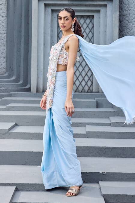 Mehul Gupta_Sky Blue Satin Embroidery V-neck Hand Pre-draped Saree Set _at_Aza_Fashions