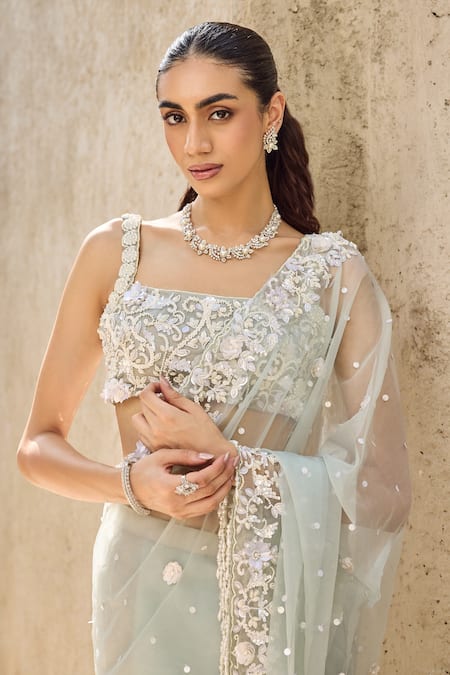 Mehul Gupta_Sky Blue Organza Sequins, Embroidery Square Neck Hand Pre-draped Saree Set _Online_at_Aza_Fashions