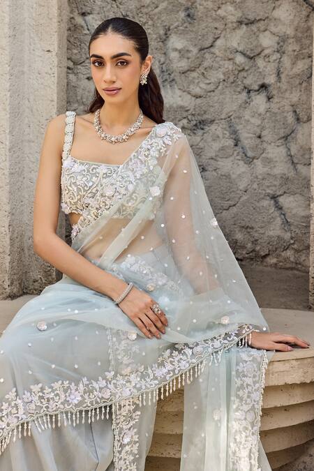 Buy_Mehul Gupta_Sky Blue Organza Sequins, Embroidery Square Neck Hand Pre-draped Saree Set _Online_at_Aza_Fashions