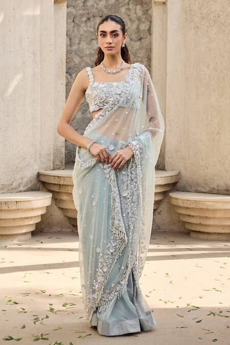 Shop_Mehul Gupta_Sky Blue Organza Sequins, Embroidery Square Neck Hand Pre-draped Saree Set _Online_at_Aza_Fashions