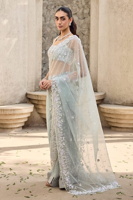 Mehul Gupta_Sky Blue Organza Sequins, Embroidery Square Neck Hand Pre-draped Saree Set _at_Aza_Fashions