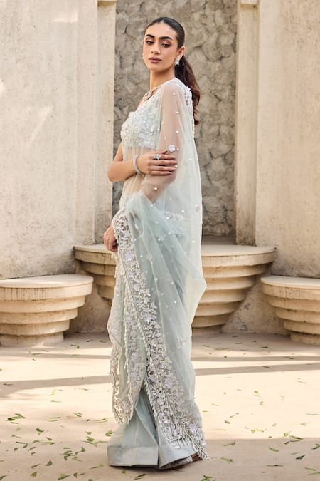 Buy_Mehul Gupta_Sky Blue Organza Sequins, Embroidery Square Neck Hand Pre-draped Saree Set 