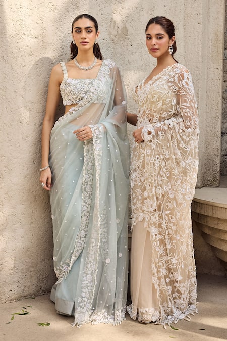 Shop_Mehul Gupta_Sky Blue Organza Sequins, Embroidery Square Neck Hand Pre-draped Saree Set 