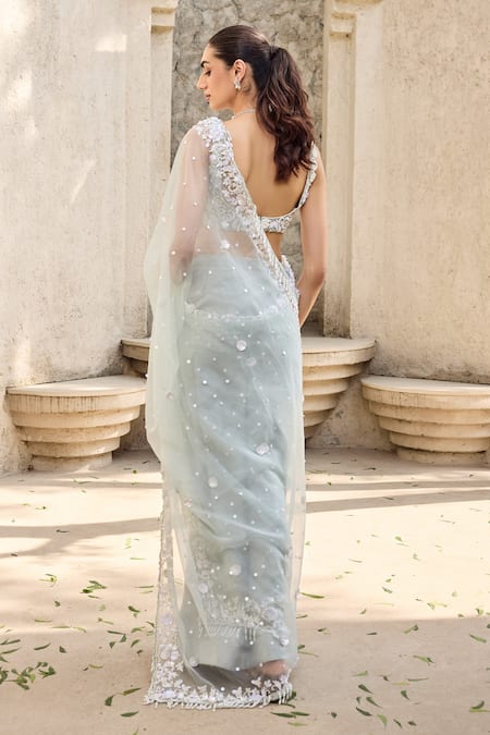 Mehul Gupta Sky Blue Hand Embroidered Pre-Draped Saree Set 