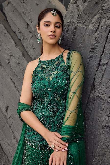 Buy_Mehul Gupta_Green Net Embroidery, Sequins Round Neck Hand Tunic Sharara Set _Online_at_Aza_Fashions