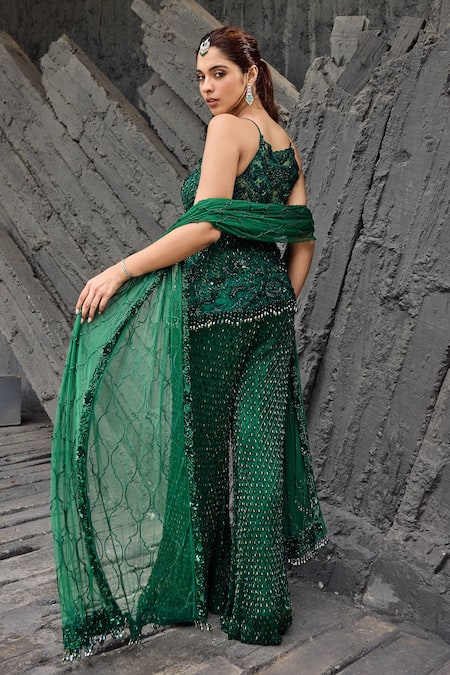 Mehul Gupta Green Hand Embroidered Tunic Sharara Set 