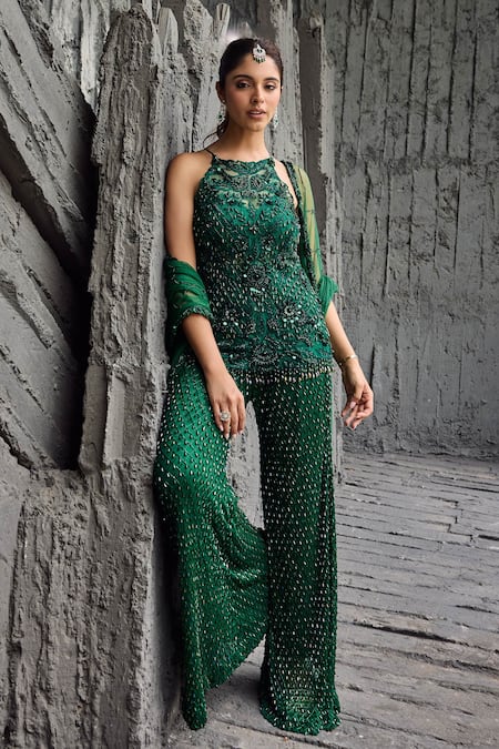 Buy_Mehul Gupta_Green Net Embroidery, Sequins Round Neck Hand Tunic Sharara Set 