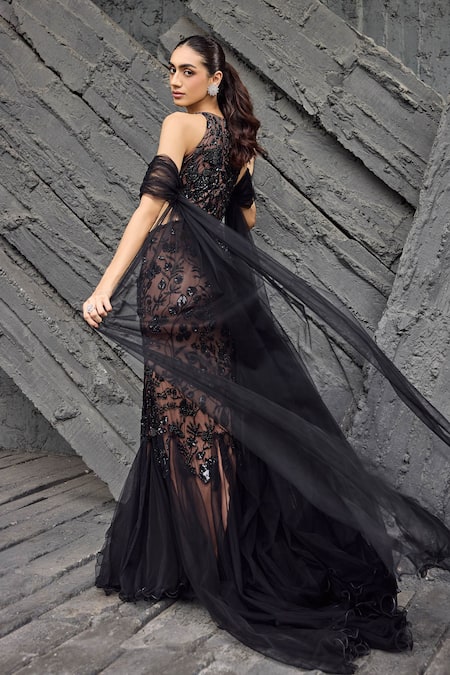 Mehul Gupta Black Hand Embroidered Gown & Dupatta Set 