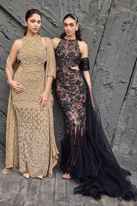 Mehul Gupta Gold Hand Embroidered Gown Set 
