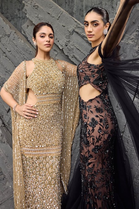 Shop_Mehul Gupta_Gold Net Embroidery Round Neck Hand Gown Set _Online_at_Aza_Fashions