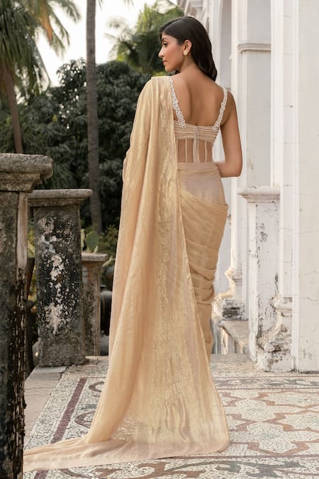 Parshya Gold Hand Embroidered Pre-Draped Saree Set 
