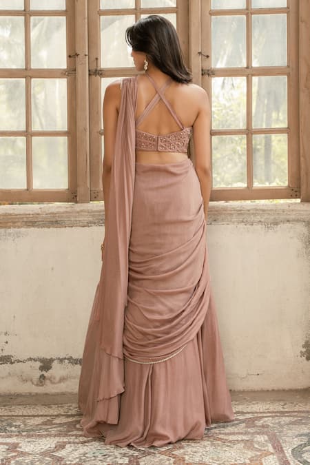 Parshya Mauve Pink Hand Embroidered Saree Set 