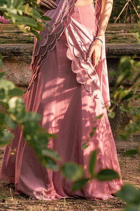 Parshya_Pink Viscose, Crepe, Georgette, Silk Hand Embroidered Pre-draped Saree Set _Online_at_Aza_Fashions