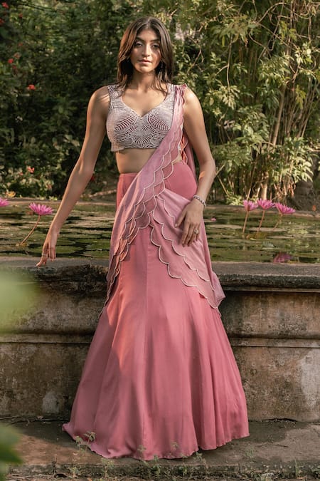 Parshya Pink Viscose, Crepe, Georgette, Silk Hand Embroidered Pre-draped Saree Set