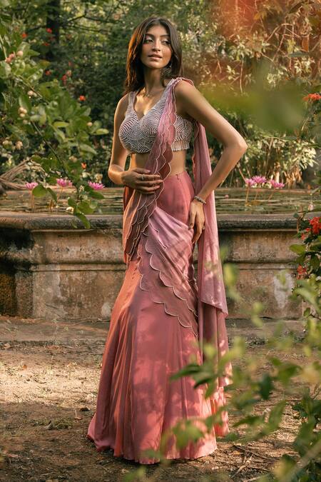 Parshya_Pink Viscose, Crepe, Georgette, Silk Hand Embroidered Pre-draped Saree Set _at_Aza_Fashions