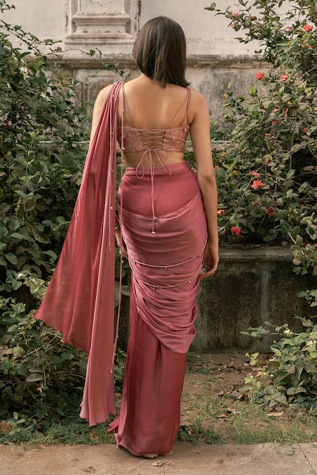 Parshya Pink Hand Embroidered Pre-Draped Saree Set 