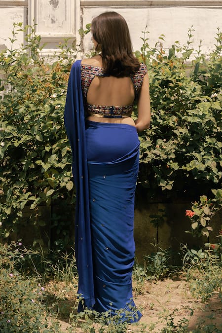 Shop_Parshya_Blue Viscose, Crepe, Georgette Embroidery Round Neck Pre-draped Saree Set _at_Aza_Fashions