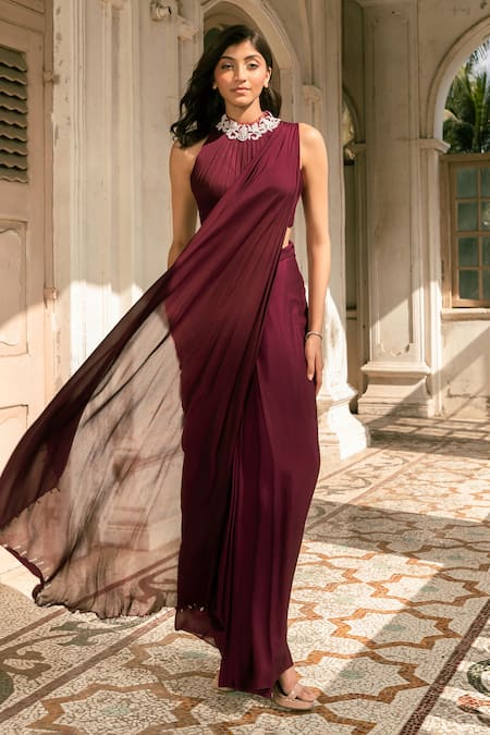 Shop_Parshya_Maroon Viscose, Georgette, Crepe Embroidery High Neck Hand Blouse And Saree Set _Online_at_Aza_Fashions
