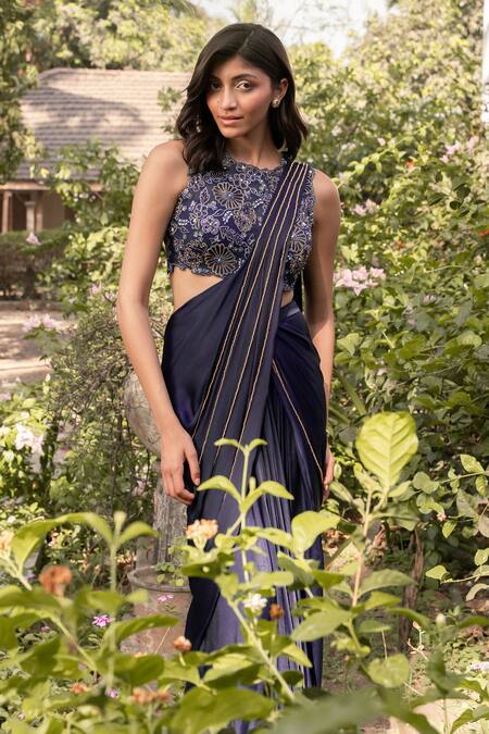 Buy_Parshya_Blue Viscose Georgette, Satin Embroidery Designer Pre-draped Saree And Blouse Set _Online_at_Aza_Fashions