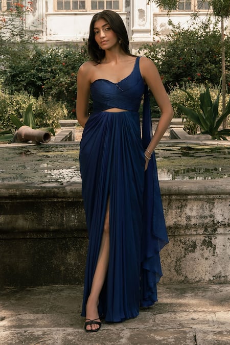 Shop_Parshya_Blue Embroidery Sweetheart Neck Hand Saree Gown _Online_at_Aza_Fashions