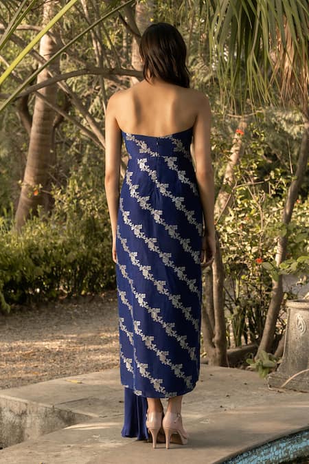 Parshya Blue Strapless Embroidered Dress 