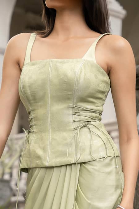 Parshya_Green Viscose Georgette, Satin Square Neck Banarasi Silk Corset Skirt Set _Online_at_Aza_Fashions