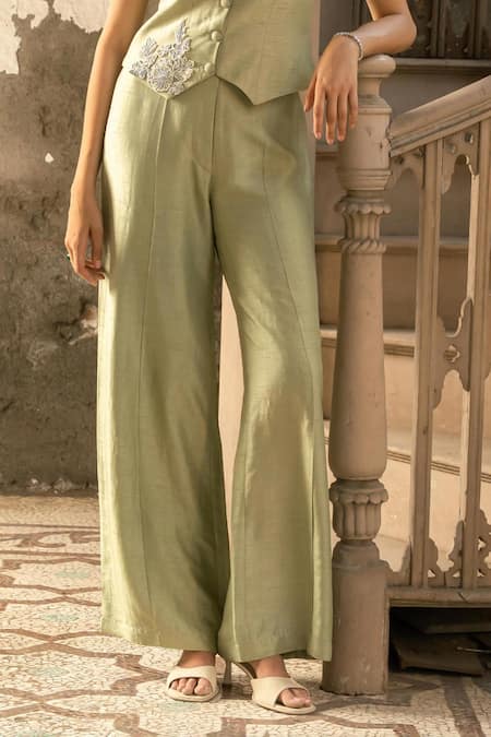 Buy Parshya Green V-neck Hand Embroidered Vest And Pant Set Online at Aza Fashions Buy_Parshya_Green V-neck Hand Embroidered Vest And Pant Set _Online_at_Aza_Fashions
