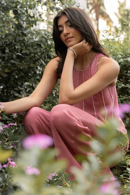 Parshya_Pink Silk Organza, Viscose, Crepe, Georgette Embroidery, Hand Top And Pant Set _Online_at_Aza_Fashions