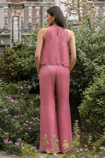 Parshya Pink Hand Embroidered Top & Pant Set 