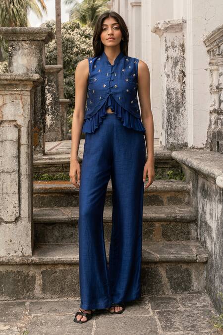 Shop_Parshya_Blue Embroidery Collared Hand Top And Pant Set _Online_at_Aza_Fashions