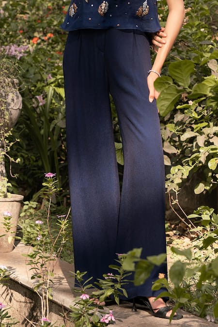 Parshya_Blue Embroidery Scoop Neck Hand Top And Pant Set _Online_at_Aza_Fashions