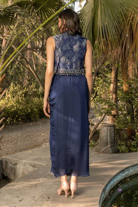 Parshya Blue Hand Embroidered Jacket & Bustier Set 