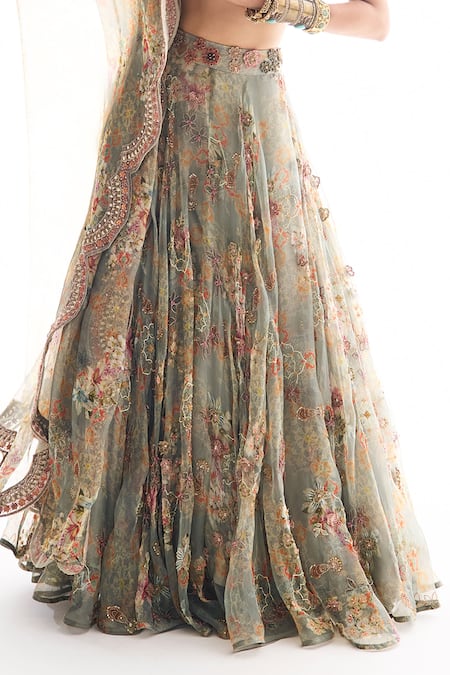 Ridhima Bhasin_Gray Organza, Crepe Beads, Sequins, Embroidery Round Neck Maira Lehenga Set _Online_at_Aza_Fashions