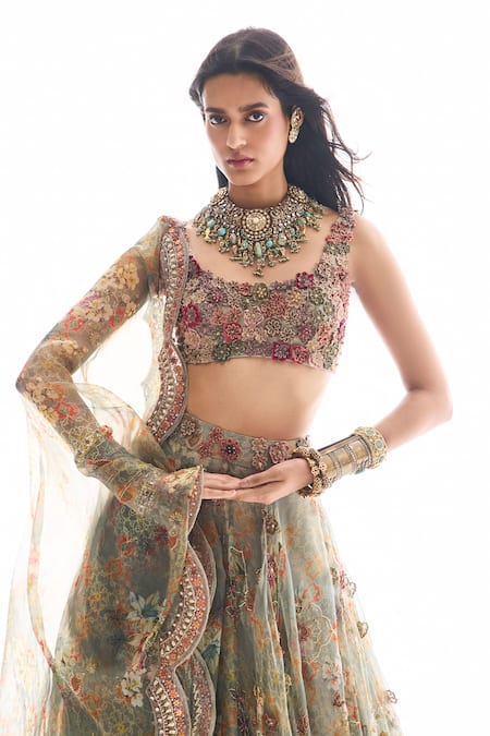 Buy_Ridhima Bhasin_Gray Organza, Crepe Beads, Sequins, Embroidery Round Neck Maira Lehenga Set _Online_at_Aza_Fashions