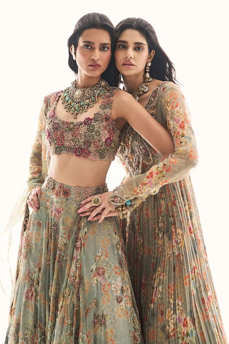 Shop_Ridhima Bhasin_Gray Organza, Crepe Beads, Sequins, Embroidery Round Neck Maira Lehenga Set _Online_at_Aza_Fashions