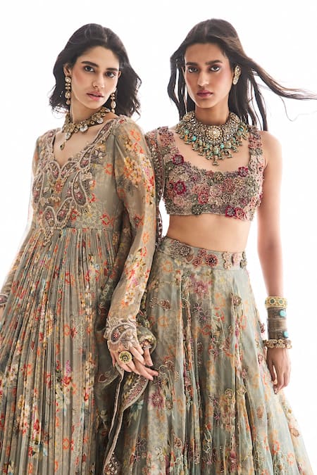 Ridhima Bhasin_Gray Organza, Crepe Beads, Sequins, Embroidery Round Neck Maira Lehenga Set _at_Aza_Fashions