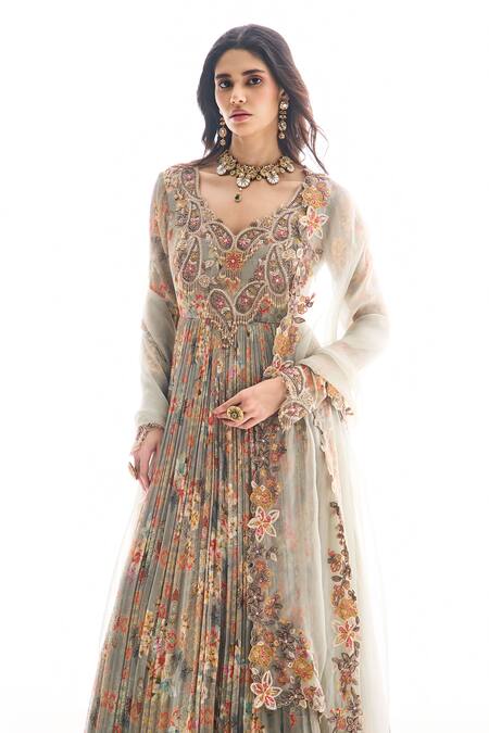 Ridhima Bhasin Gray Chiffon, Organza Sequins, Embroidery V-neck Floral Anarkali Set Online at Aza Fashions Ridhima Bhasin_Gray Chiffon, Organza Sequins, Embroidery V-neck Floral Anarkali Set _Online_at_Aza_Fashions