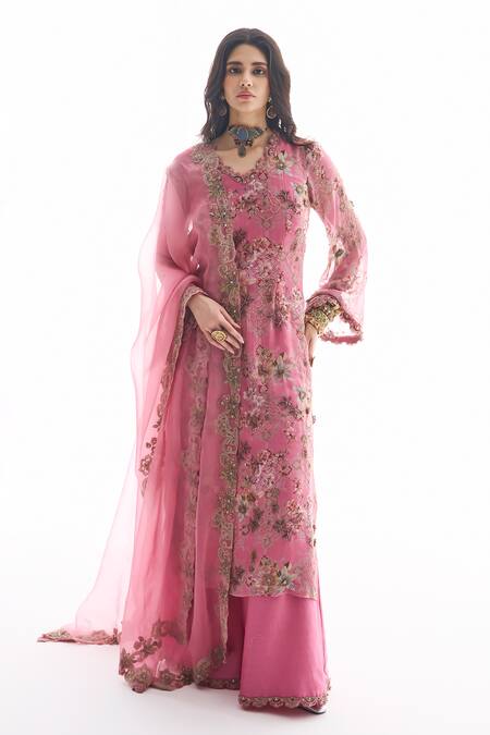 Buy_Ridhima Bhasin_Pink Georgette, Chanderi Embroidery Round Neck Veda Kurta Set _Online_at_Aza_Fashions