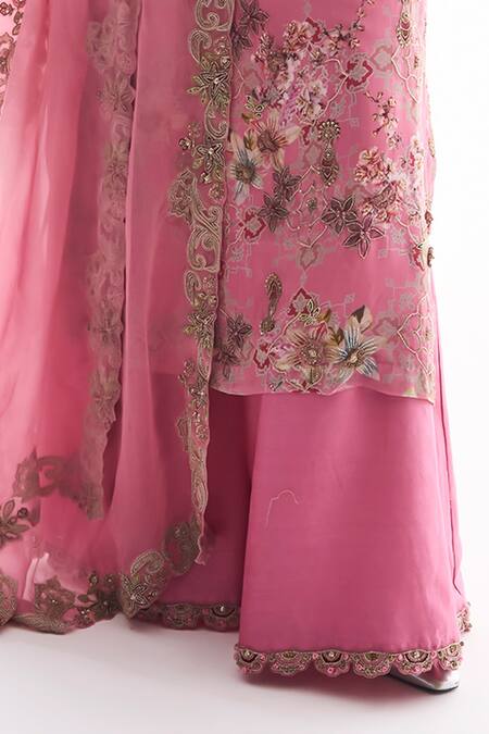 Shop_Ridhima Bhasin_Pink Georgette, Chanderi Embroidery Round Neck Veda Kurta Set _Online_at_Aza_Fashions